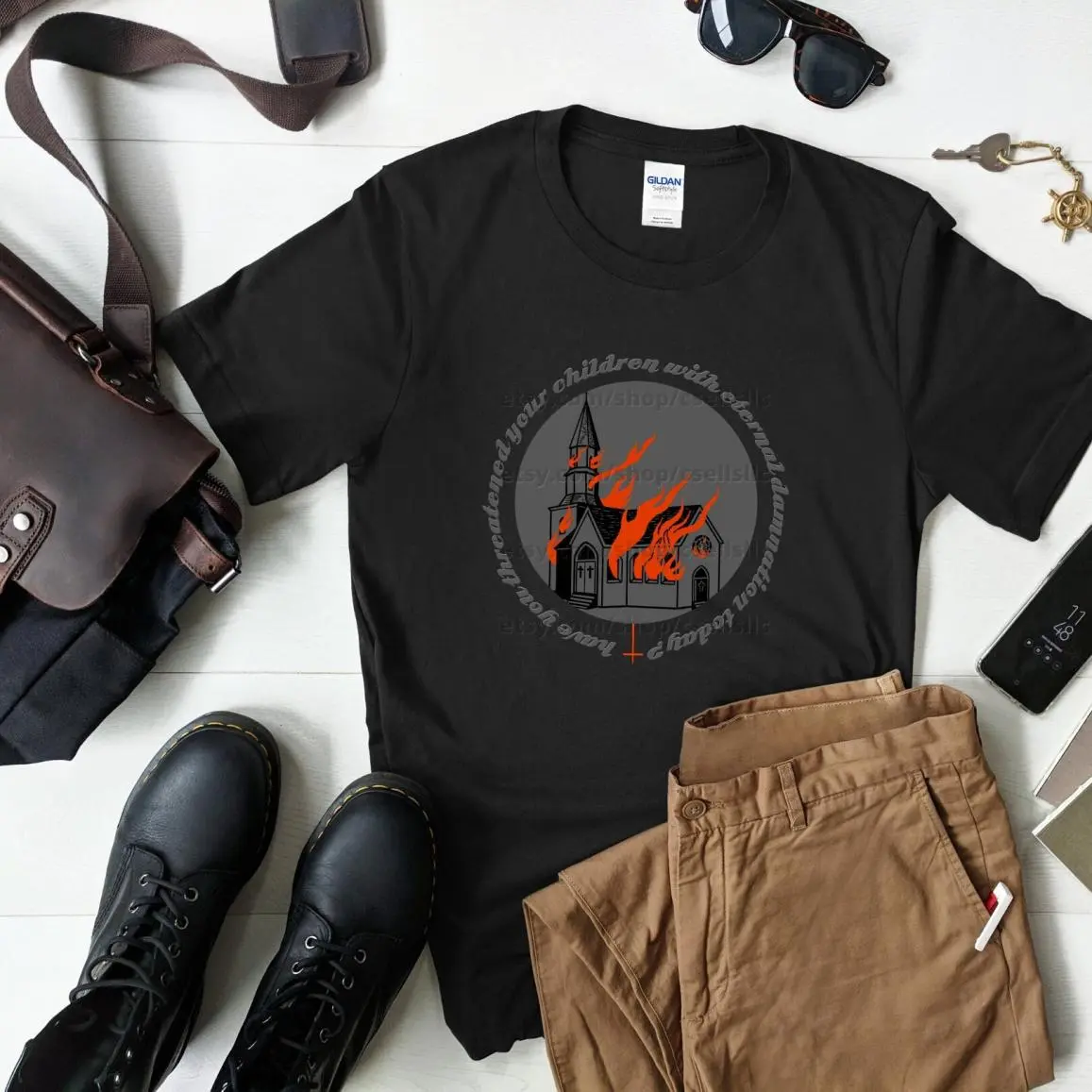 Funny Atheist Shirt, Atheism Gift, Satanic Tshirt, Present for Satanist, Anti Religion Tee, Burning Church T Shirt, Offensive