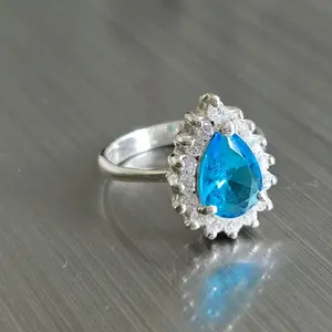 950 Silver Teardrop Ring with Zircoin - Sparkling Blue Teardrop Design, Elegant & Unique- Size 7