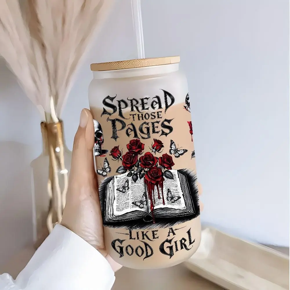 Gothic Skull Rose & Book "Spread Those Pages Like A Good Girl" Design 16oz Glass Can Cup with Lid and Straw, Water Tumbler, Reusable Glass Drinking Cup, Glass Jar for Iced Coffee, Cold Drinks, Dark Aesthetic Glassware, Perfect Gift, Drinkware