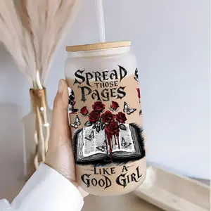 Gothic Skull Rose & Book "Spread Those Pages Like A Good Girl" Design 16oz Glass Can Cup with Lid and Straw, Reusable Glass Drinking Cup, High-Quality Glass Jar for Iced Coffee, Beer, Juice, Cold Drinks, Dark Aesthetic Fashionable Glassware, Perfect Gift