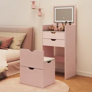 Multifunctional Makeup Vanity Dressing Table Set, LED 3-Color Light HD Mirror, 2 Sliding Drawers with Hidden Storage Stool for Bedroom, White & Pink