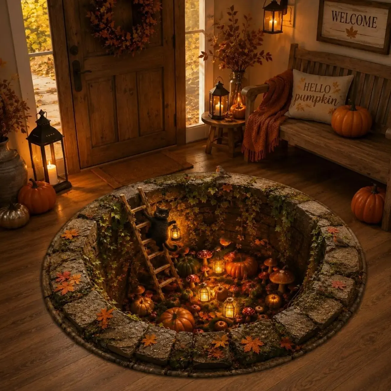 3D Fall Floor Rug, Cozy Harvest Home Decor, Cottagecore Fall Area Rug, Pumpkin Mushroom Seasonal Floor Mat