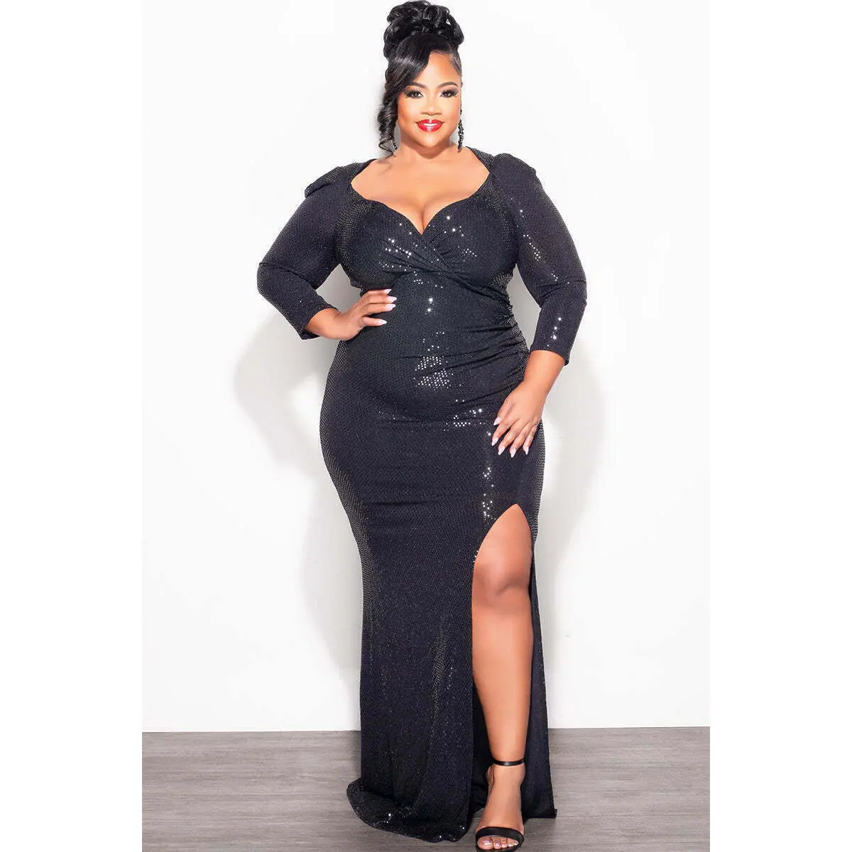 Final Sale Plus Size Long Sleeve Faux Wrap Evening Gown in Confetti Dot Knit Sequin in Black