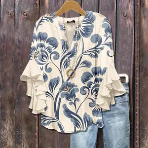New2025Mixed Floral Print Ruffle Bell Sleeve Top Going Outfits Blouses Women Vintage 90s Tops Funny Shirts Women Elegant Classy Tops Blouse