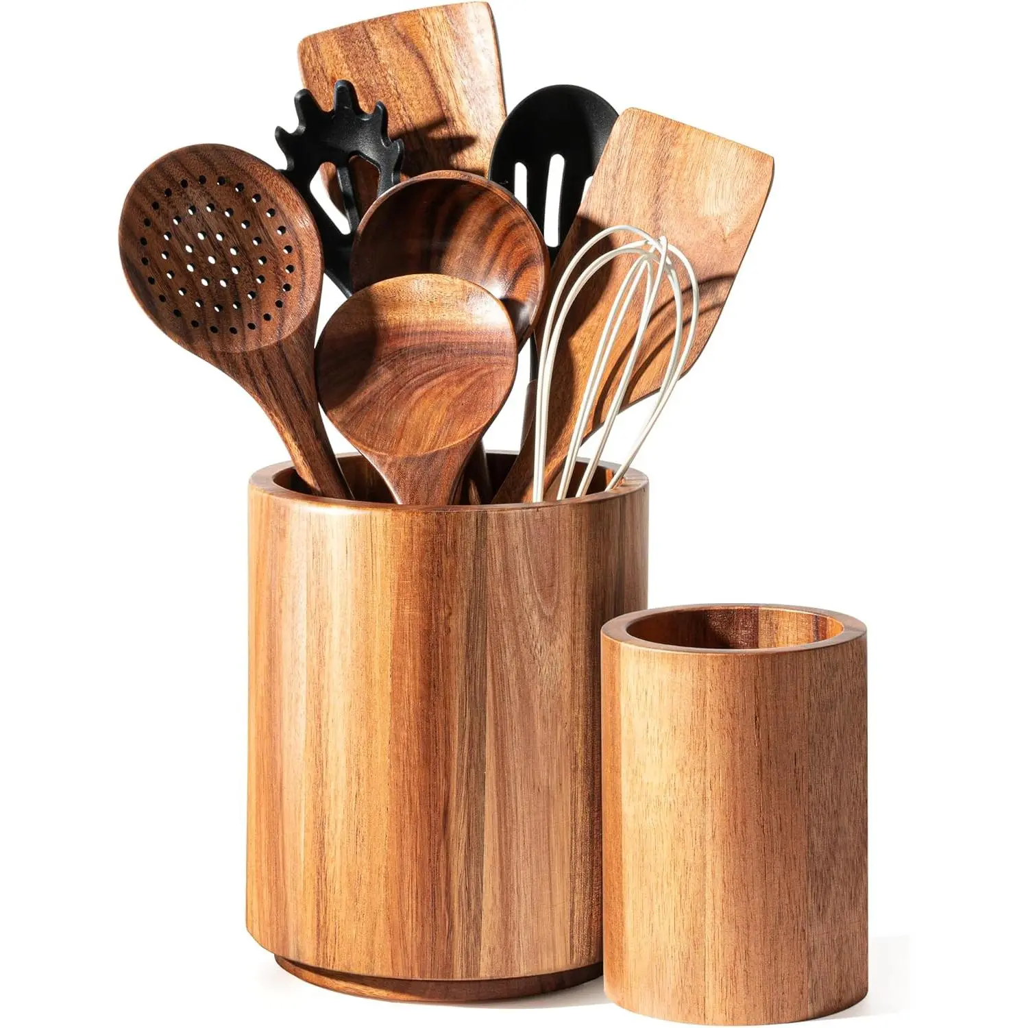 Utensil Holder 2 Pack, 360? Rotating Acacia  Cooking Utensil Crocks for Kitchen Counter, Farmhouse & Modern Decor, (1 Large,1 Small)