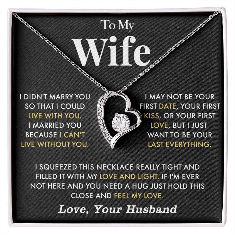 To My Wife Anniversary Necklace with Cubic Zirconia Pendant Love Heart Gift for Wife Birthday Present White Gold Over Stainless Steel Adjustable Chain 18-22 Inches