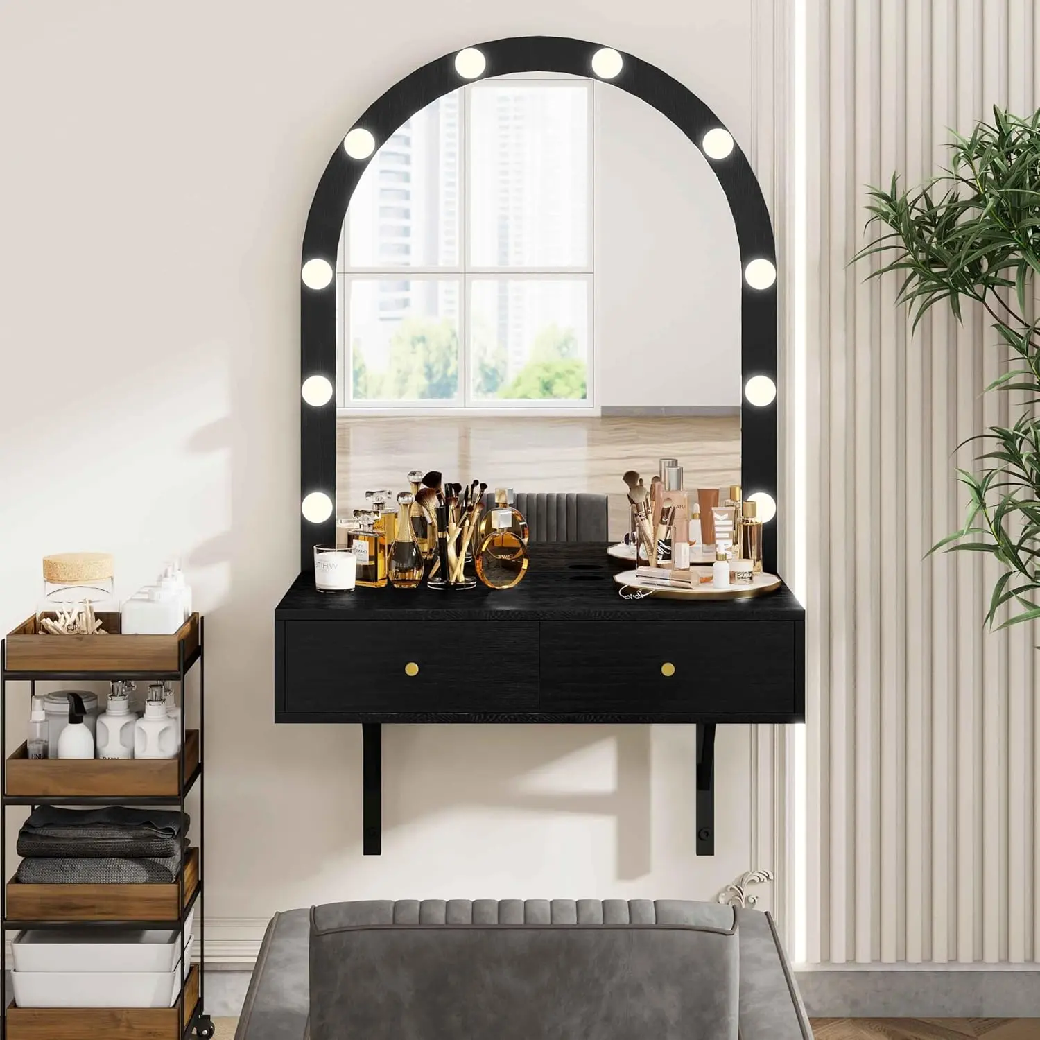 Floating Makeup Vanity Desk with Mirror & 3-Color Lights, Wall Dressing Table with Power Outlet, Compact vanity, Large Storage, Black