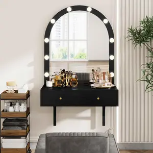 Floating Makeup Vanity Desk with Mirror & 3-Color Lights, Wall Dressing Table with Power Outlet, Compact vanity, Large Storage, Black