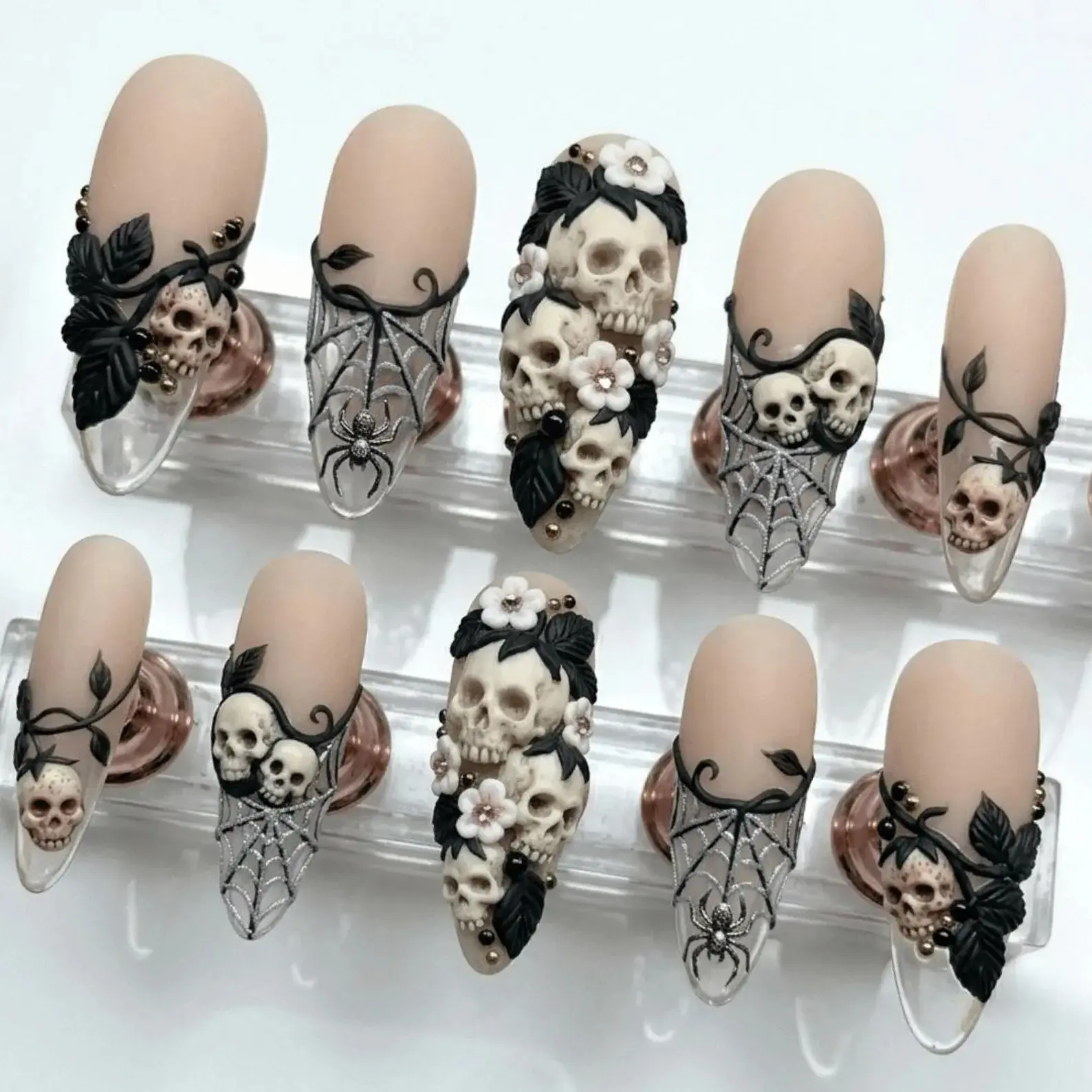 Gothic Press-On Nails, 3D Skull Spider Web Design, Hand-Sculpted Black Leaf Style, Memento Mori Themed Nail Art Accessories for Beauty & Personal Care