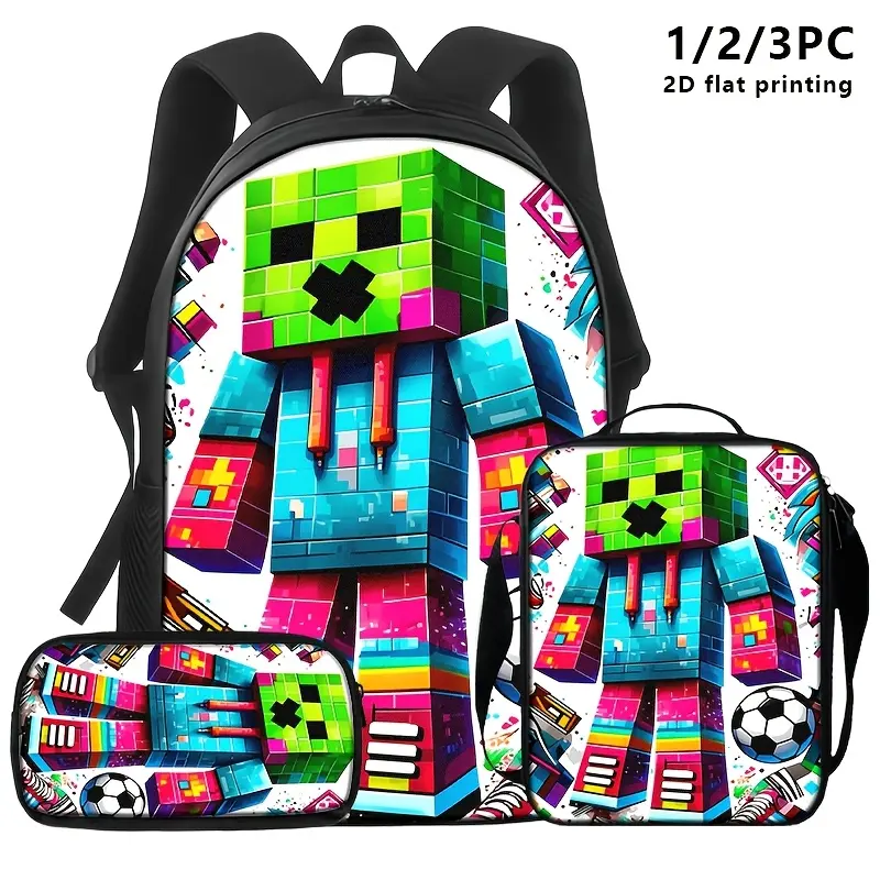 3-in-1 Foldable Character Art Backpack Set - 1/2/3-piece Game Pixel Art Design Combo Pack, including a backpack, lunch bag, and pencil case. Perfect for gamers, school trips, and everyday use; a must-have on your back-to-school list., 3 In 1 Backpacks
