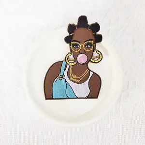 1PCS cartoon character black skinned girl embroidery patch with bubble gum design badge, suitable for DIY decorative patches on hats, bags, shoes, and clothing, durable material with back hot melt adhesive that can be sewn, ironed, and washed