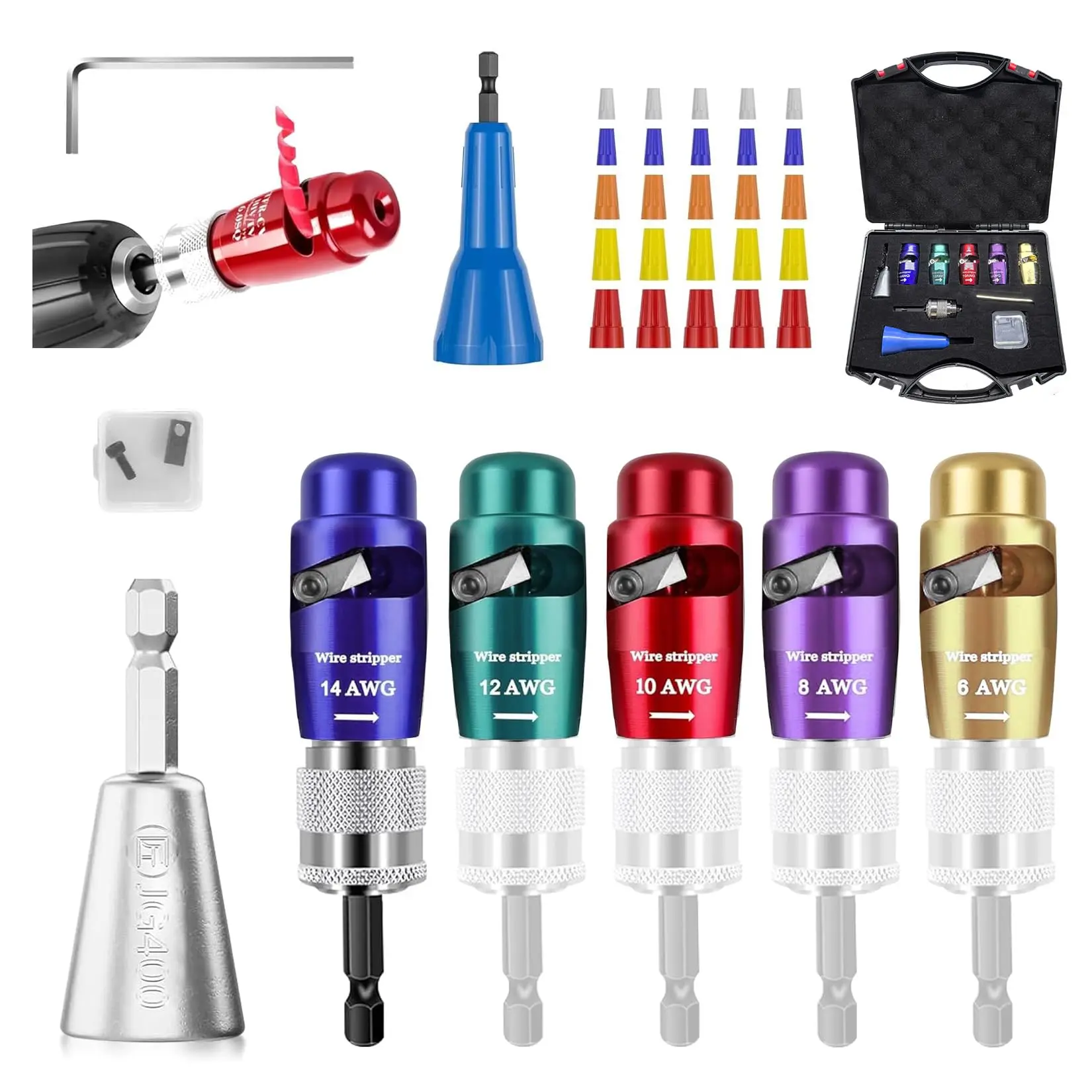 8-Piece Wire Stripping Kit, Cable Stripping Tool with 5 Color-Coded AWG Drill-Ready Bits, Zinc Alloy & Tungsten Steel Connectors, 1 Allen Wrench, 1 Wire Comb for US Electrical Wiring Copper Safety