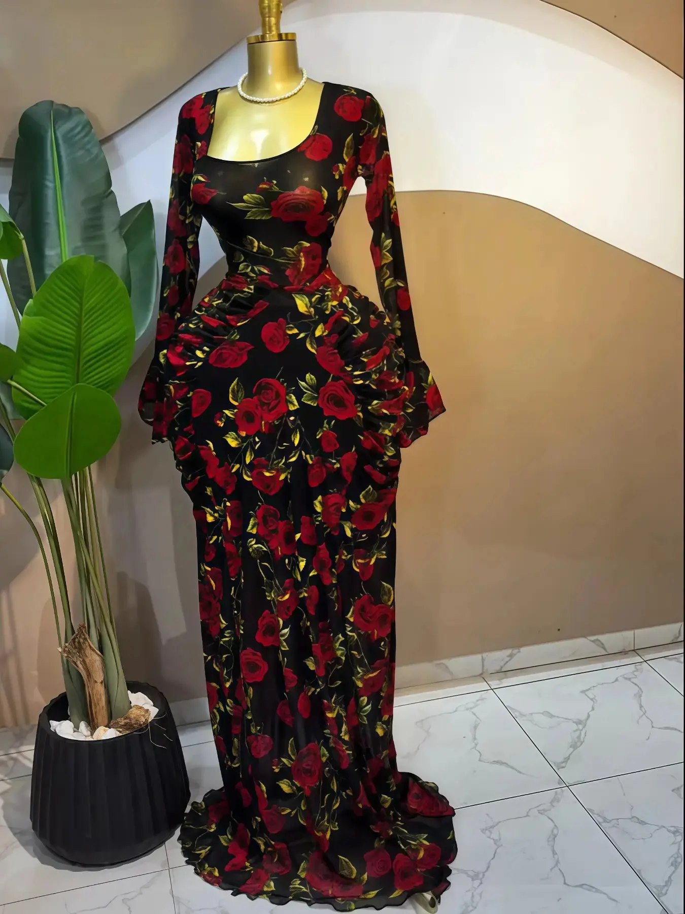 PULKRITU Women's Floral Tie-Dye Print Flounce Long Sleeve A-Line Maxi Prom Dresses, Formal, Birthday Party Outfit Gown, Stacked Side Mermaid Floor Length Cocktail Dress, Asymmetrical Neck Ruched Bodycon Skirt, Engagement Dress