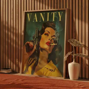 Vintage Woman With a Gun Poster Retro Woman Smoking a Cigarette Wall Art Badass Bestie Eclectic Wall Art Funny Retro Wall Decor