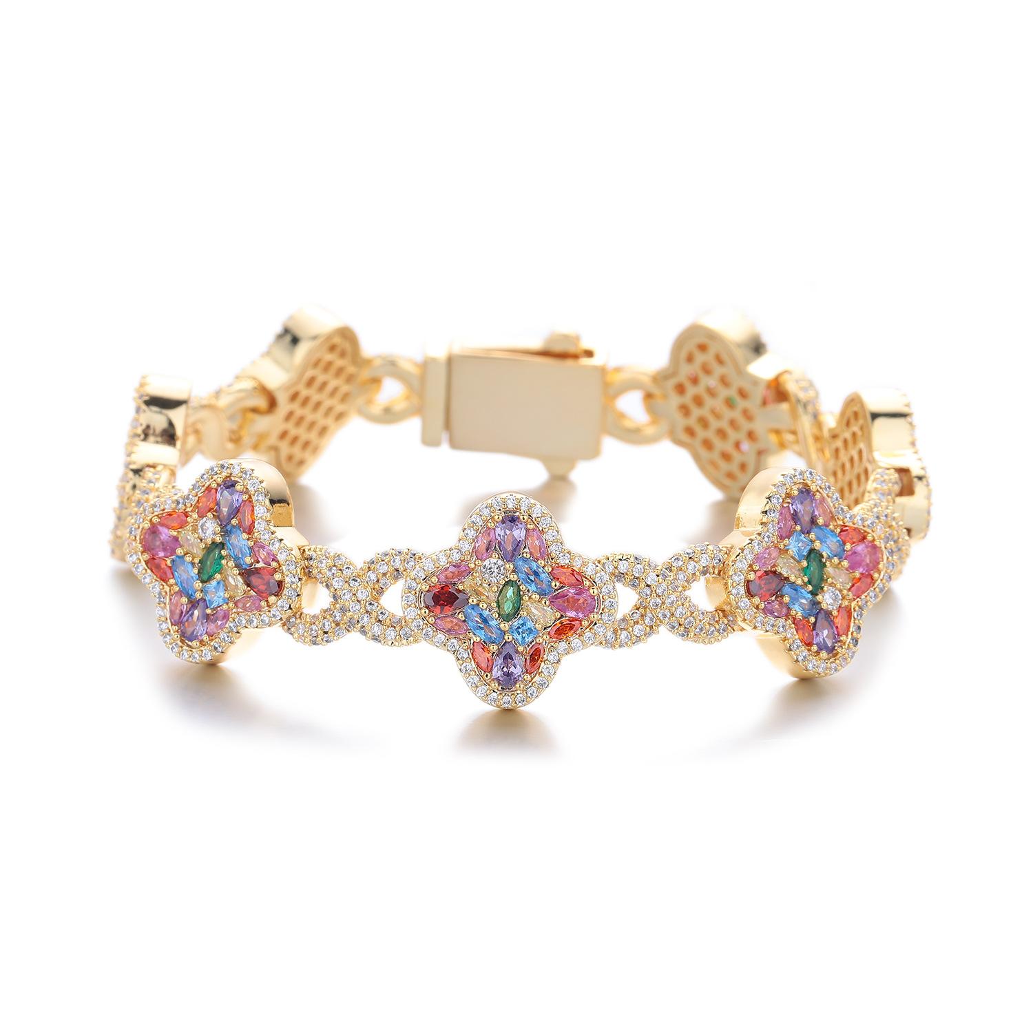 QUEENDO Elegant Classic 4-Leaf Clover Star Bracelet - Copper Base, Multi-Size, Multi-Color Pave Metallic Rhinestones, Unisex Daily Wear Jewelry for Women, Birthday Valentine’s Day Gifts, 4-Leaf Clover Bracelets & Bangles, Plants, Four Leaf Clover Bracelet
