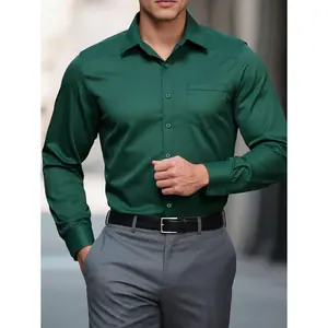 Manfinity Mode Men's Solid Color Single Breasted Pocket Long Sleeve Casual Shirt, Dark Green Men Shirt, Men's Green Formal Shirt, Men's Green Business Casual Shirt, Emerald Green Dress Shirt