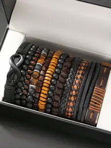 Men's Vintage Street Style Leather Beaded Bracelet Set, Beads Bracelets, Casual Fashion Jewelry for Daily Wear & Parties, Perfect Gift for Boyfriend