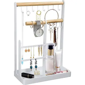 Jewelry Organizer Stand - 4 Tier Earring Organizer Necklace Holder,Jewelry Display Stand Holder with Metal Storage Tray,for Necklace Bracelet Rings Watches,Gifts for Women Girls Paint Rack Wood
