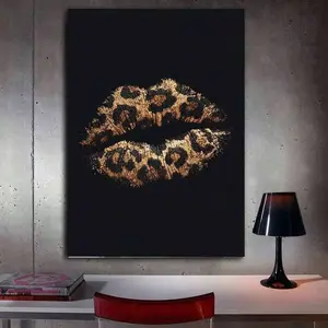 [Sale off up to 65%][Free Ship][No Frame] Leopard Print Lips Poster Print Wall Art, Black Gold Glam Fashion Poster Print, Modern Luxury Beauty Room Decor for Bedroom Living Room Salon