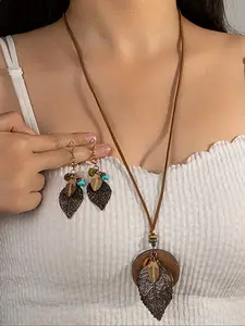 Vintage Ethnic Geometric Leaf Pendant Beaded Earrings Necklace Set, Women's Jewelry, Versatile and Elegant, Perfect Gift