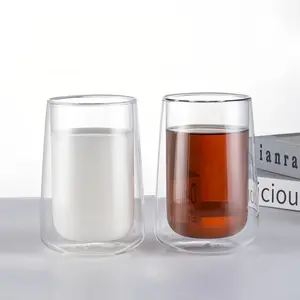 Two 11.84-ounce double-layer insulated glass cups, glass coffee cups, latte cups, beverage cups, water cups, milk cups, office cups and home cup sets