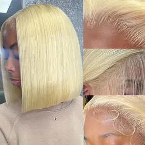 13x4 613 Blonde Bob Human Hair Wig 180 Density No Tangle Easy Brush Pre Plucked Glueless HD Lace Front Short Straight Bob Wig 14 Inch summerwins