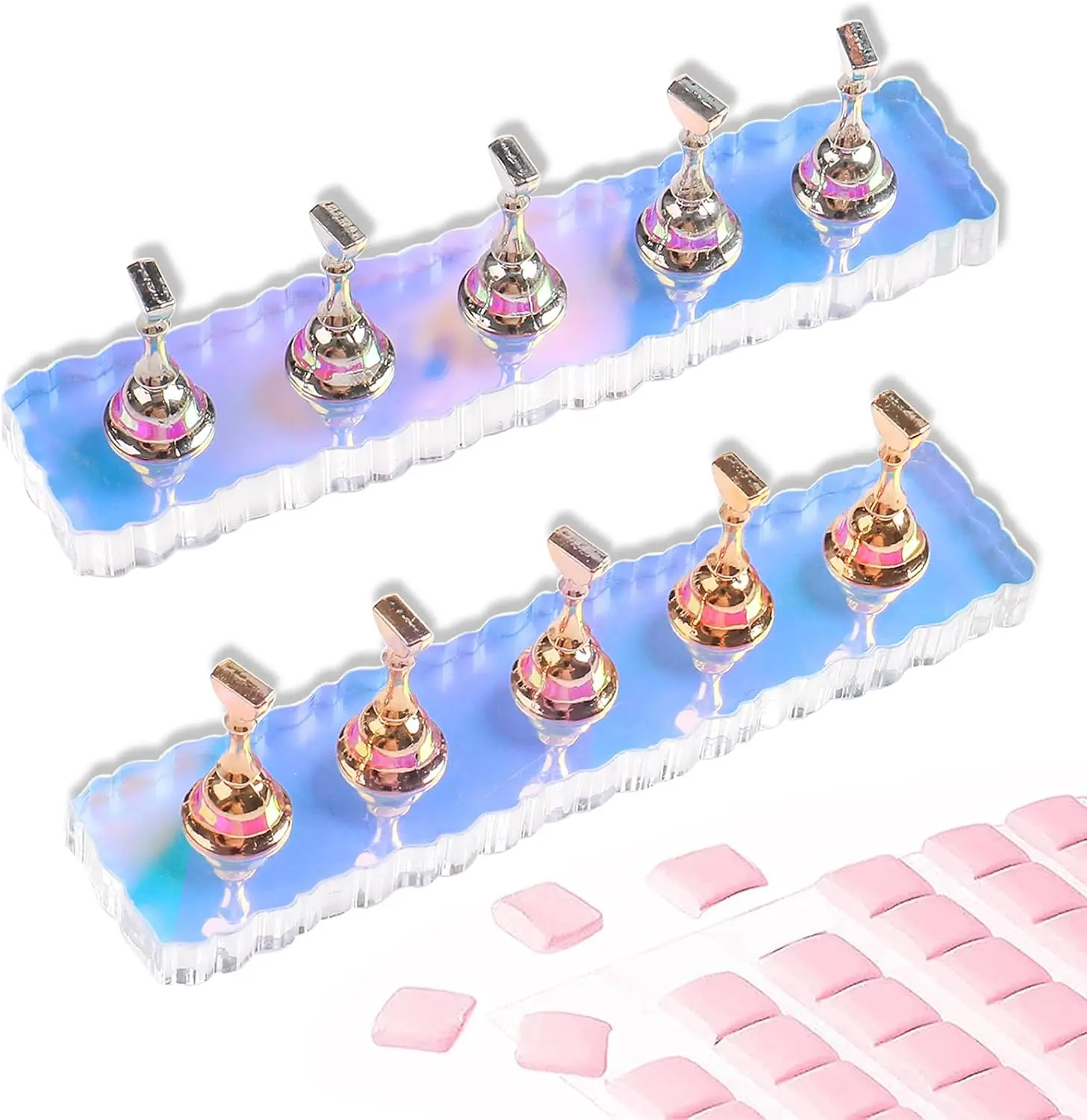 2 Set Nail Stand, Aurora Nail Holder for Painting Nail Stand for Press on with 96 Pcs Removable Mounting Tapes Nail Display Stand Nail Hand Practice Magnetic Nail Art Tools for Homes and Salons