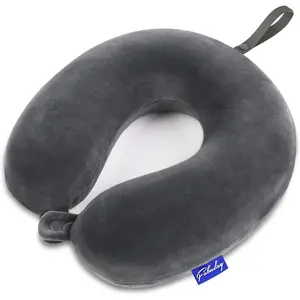 Memory Foam Travel Neck Pillow for Airplanes Car Home, Flight Sleeping Pillow with Attachable Snap Strap, Soft Washable Cover, Provides Head Neck Support for Rest, Dark Gray