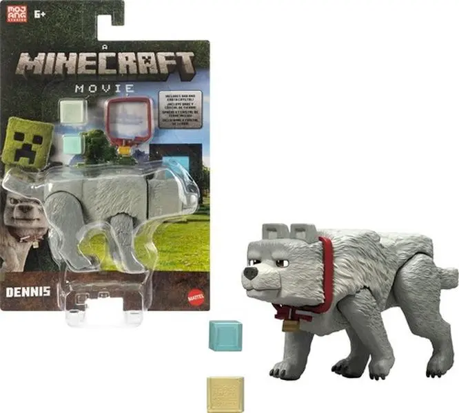Minecraft Movie 3.25in Dennis the Wolf Figurine Set with Accessories, Collectible Statue