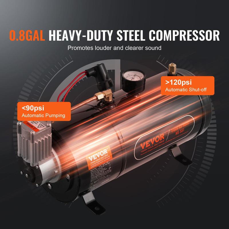 VEVOR Train Horns Kit, TikTokShopBlackFriday, 4 Trumpet Air Horn Kit, 150dB Train Horns for Pickup Trucks, 12V 120 psi Air Compressor 0.8 Gal/3 L Tank with Gauge for Any 12V Vehicle Car Truck Train Van Boat Power Sound Accessory VEVOR Super Brand Day