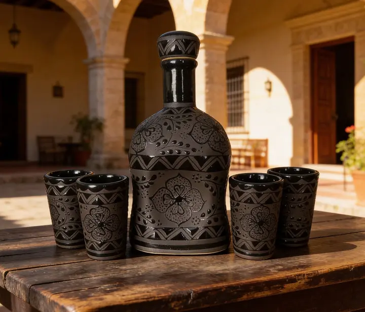 Handmade Black High-Temp Ceramic Stoneware Decanter - 35oz Mexican Craft Bar Piece with Rustic Motifs, 4 Shot Set, Unique Pieces for Art Lovers' Decorative Art, Celebrations & Serving