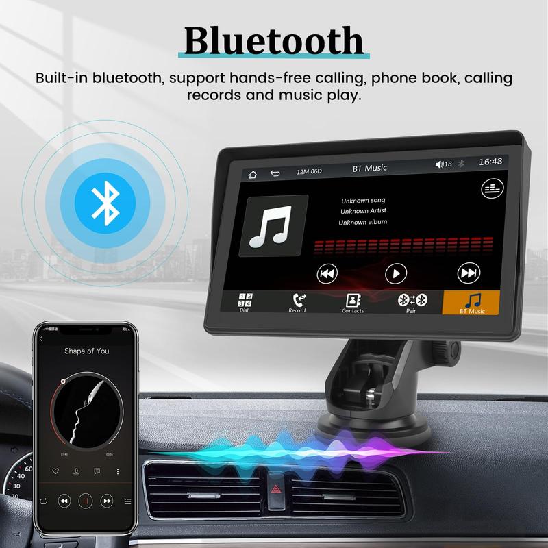 7 Inch Protable Carplay Car Screen, Wireless Android Auto Dash Mount, Car GPS Navigation System with Mirror Link/Bluetooth/FM Transmitter/USB + 12LED Backup Camera