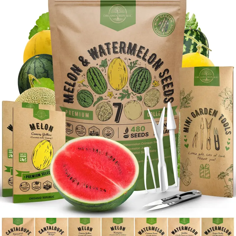 7 Melon & Watermelon Seeds Variety Pack 480+ Non-GMO Heirloom Fruit Seeds for Planting Fruits in Individual Seed Packets, Home Garden Seeds for Hydroponic, Indoor & Outdoors Gardening
