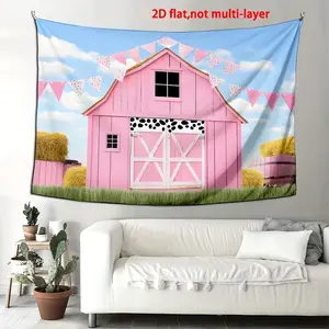 1pc 2D Flat Farm Animal-Themed Polyester Backdrop Cloth, Multipurpose Multipurpose Banner, No Electricity Needed, with Pink Barn Door and Farm Animals Theme, for Birthday Photography, Holiday Decora White