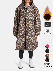 Women's Long Leopard Print Colorblock Windbreaker Jacket, Loose-Fit Casual Style, Fall & Winter Waterproof Warm Coat, Thermal Lined Outerwear, Casual Longline Outerwear