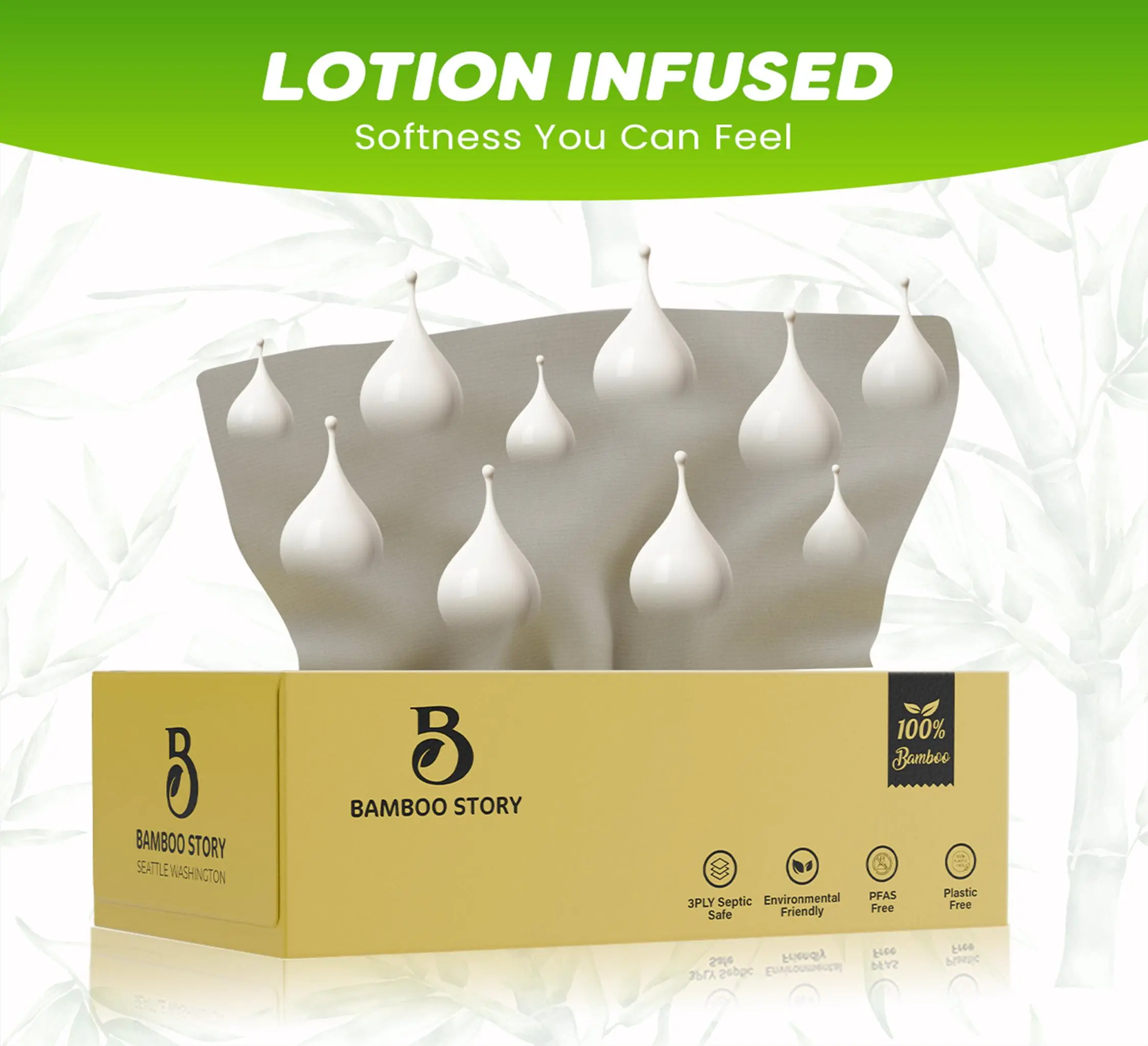 Bamboo Story Bamboo Lotion Facial Tissue, Unbleached, Chemical Free, No PFAS or Chlorine, BPA Free, FSC Certified, 100% Bamboo, 12 Boxes, 1440 Sheets