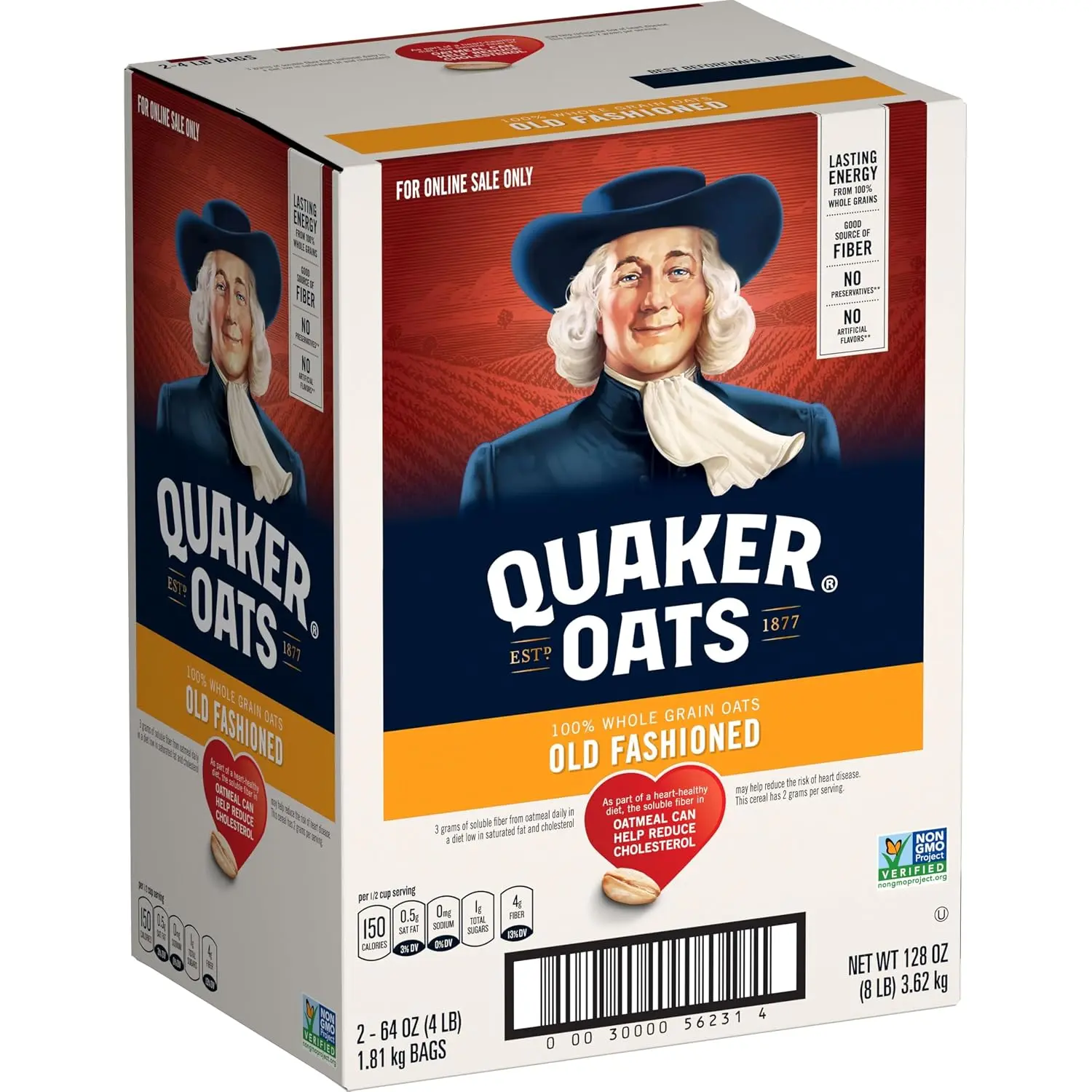 Quaker Old Fashioned Rolled Oats, Non GMO Project Verified, 2x64oz Bags in Box, 90 Servings, 4lb Pack