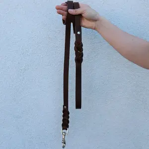 Leather Dog Leash - Brown Leather with Metal Clip, Adjustable Length, Durable Design for Dog Use