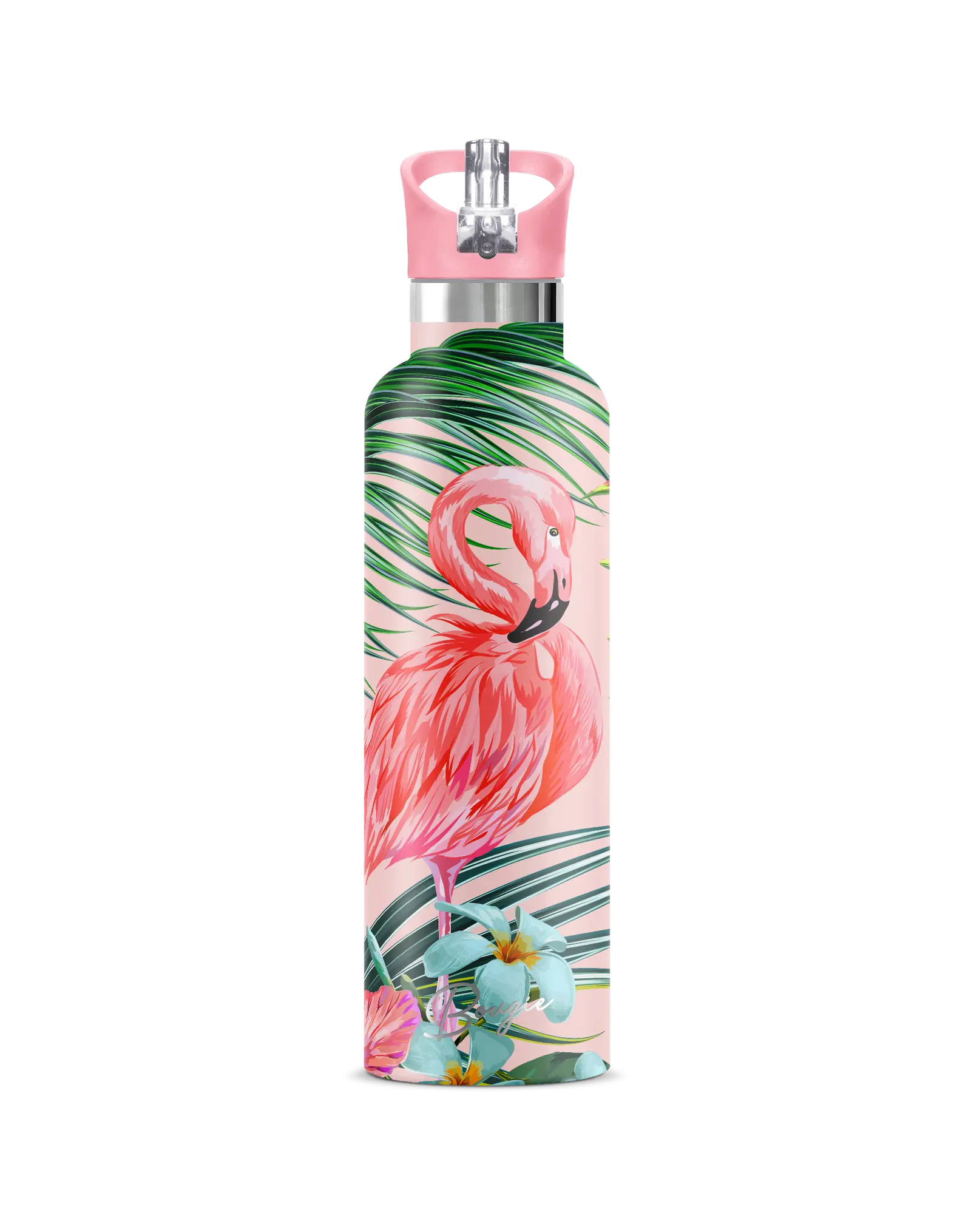 My Bougie Bottle Flamingo 25oz Insulated Water Bottle with Hibiscus Flowers & Palm Leaves Stylish Tropical Design Eco Friendly Drinkware