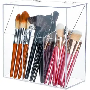 Acrylic Makeup Brush Holder with Lid - Clear Cosmetic Makeup Brush Organizer and Storage Box with Cover for Vanity - Large Capacity 3-Slots Container for Brushes (Clear)