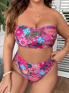 Plus Size Floral Print Backless Bandeau Swim Bra & Swim Panty Bikini Set, Vacation Clothes, Boho Fashion Casual Swimwear Set for Beach Holiday Vacation, Back-to-school Clothing, Women's Swimsuit for Summer, Strapless Bandeau Bikini, Flower Print Bikini