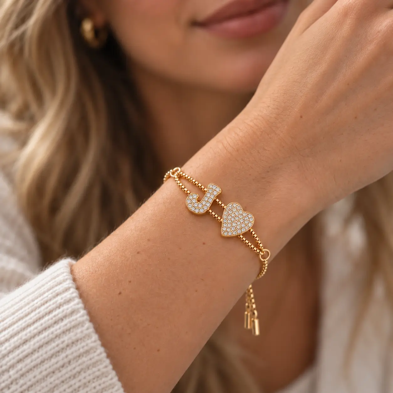 Women's Personalized Initial Heart CZ Bracelet - Gold Tone Adjustable Double Chain Casual Jewelry for Women, Romantic Accessories for My Girl, Unique Custom Gift