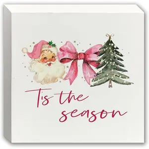 Coquette Pink Bow Christmas Wooden Box Sign, Coquette Christmas Decor, Tis the Season Santa Claus Xmas Tree Wood Block Sign for Home Office Desk Shelf Table Decor, 5x5 Inch