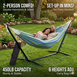 【Summer Vibes】GARVEE hammock with stand for outside Portable 2-Person Outdoor Hammock with Carry Bag, 450lb Capacity, Ideal for Garden and Backyard Use