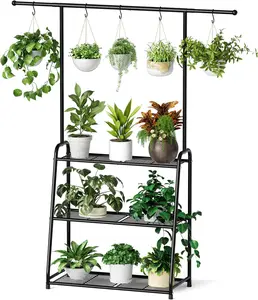 3-Tier Metal Plant Stand for Indoor and Outdoor Use, Hanging Plant Shelf for Multiple Flower Planter Holder, Tall Large Rack Ideal for Living Room, Garden, Balcony, Black
