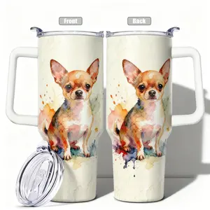 1pc, 40oz/30oz/20oz/14oz Stainless Steel Cup Watercolor Chihuahua Dog Double Wall Vacuum Insulated Cup, Leakproof Lid & Carry Handle Travel Mug for Outdoor Camping Hiking, Gift for Dad, Mom, Br
