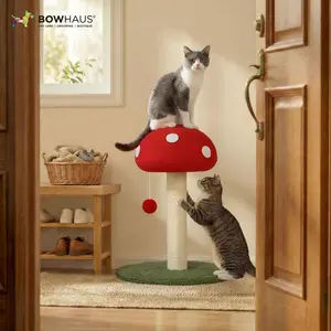 BOWHAUS Mushroom Cat Scratching Post, Mushroom Cat Scratcher with Sisal Rope and Interactive Hanging Ball, 20 Inch Scratching Post for Indoor Cats and Kittens