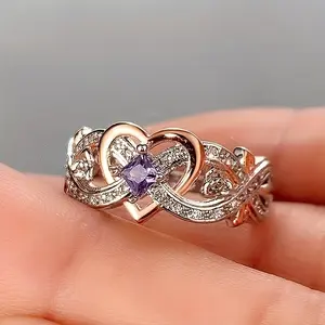 Women's 2-Tone Rose Gold Shining White Rose Princess CZ Ring - Heart-Shaped Dainty Promise Ring for GF, Cubic Zirconia Engagement Wedding Band