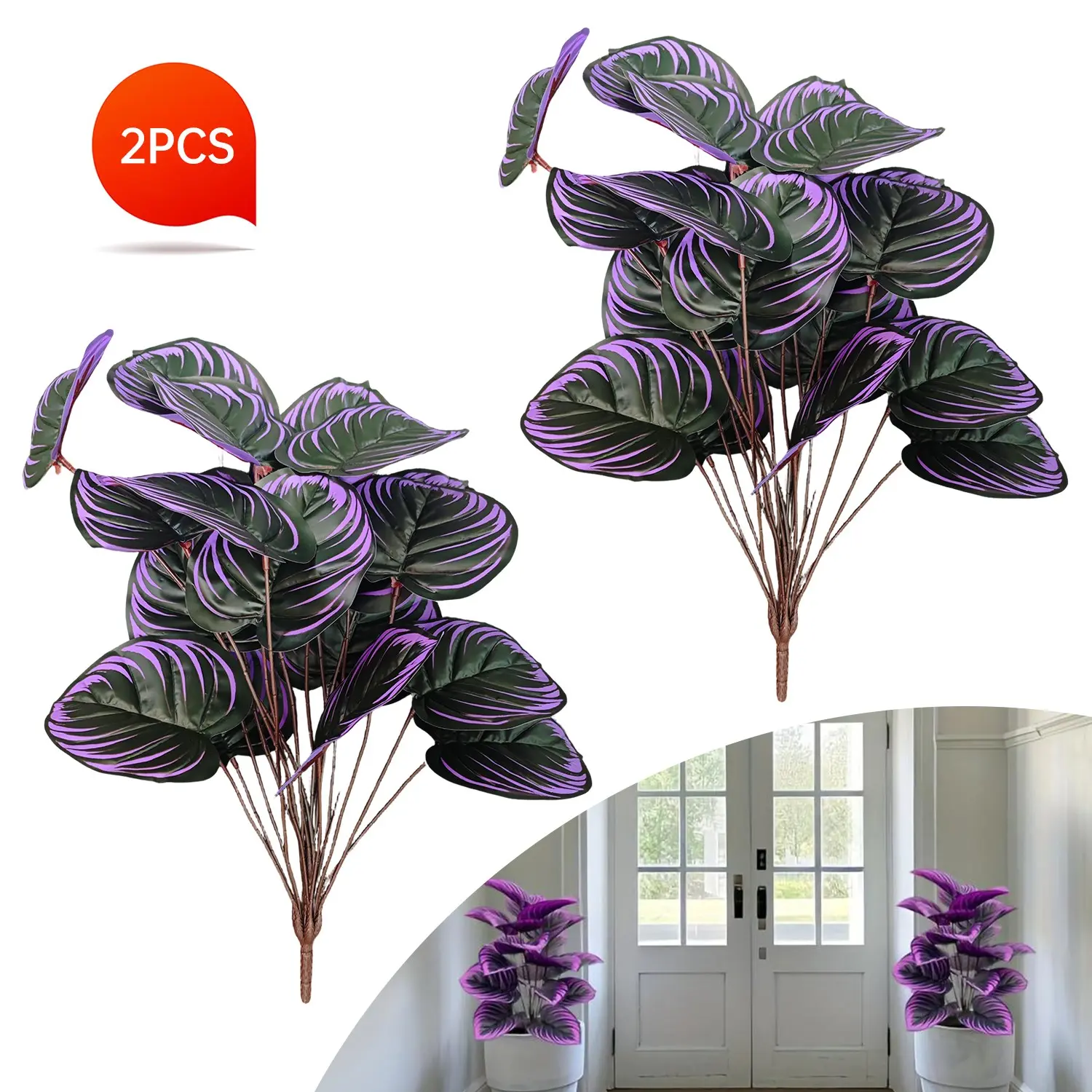 2 Pieces Halloween Artificial Plant Set, Violet Plants, Elegant Large Leaves, Perfect for Indoor Outdoor House Plants Decor, Fake Plant Decoration, Weddings, Hotels, Gardens