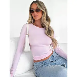 NewWomen's new fashion round neck long sleeve cropped T-shirt, casual round neck T-shirt, 2025 summer clothing, women's slim fit tops, suitable for band club music festival party daily wear